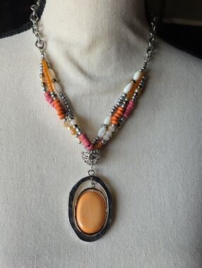 Chico's Orange and Pink Multi-Strand Pendant Necklace